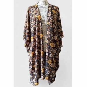 Forever 21 Sheer Boho Chic Open- Front Floral Kimono in Mustard/Rust